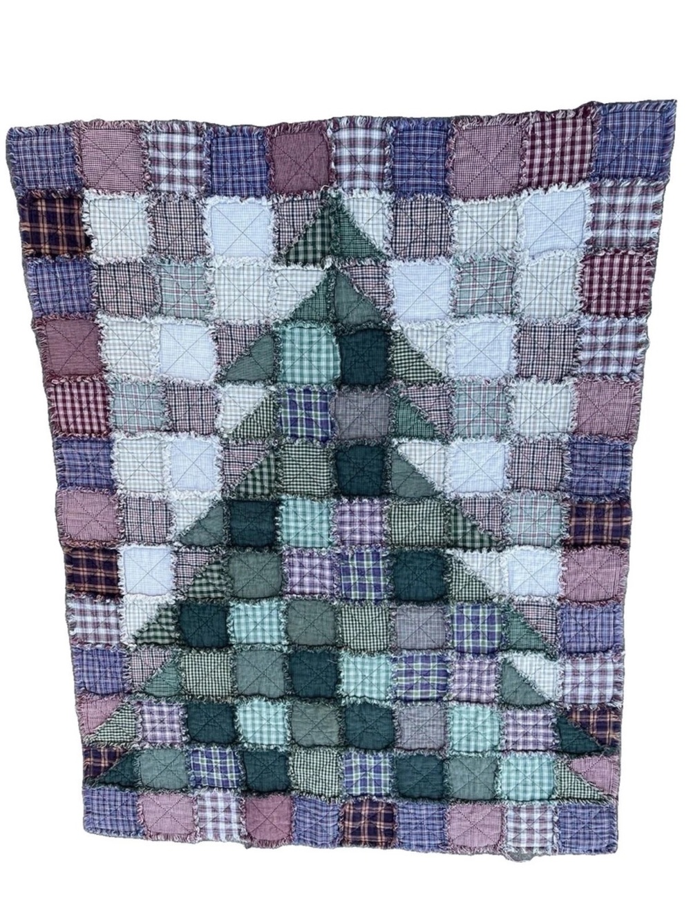 Handmade Cotton Rag Quilt Christmas Tree Patchwork Plaid Throw Blanket Country